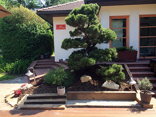 Dobřichovice - ohraničení záhonů s bonsaji u terasy dubovýmy trámy, dosazení a dekorace kameny